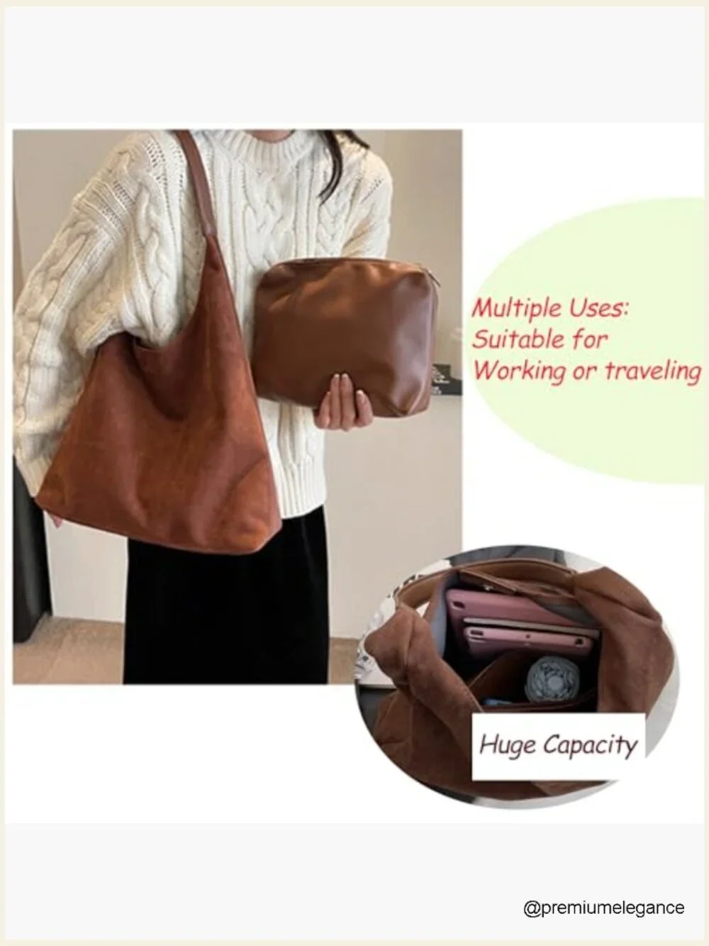 3-Piece Faux Suede Hobo Bag Set with Pockets - Large Capacity Work Travel Tote